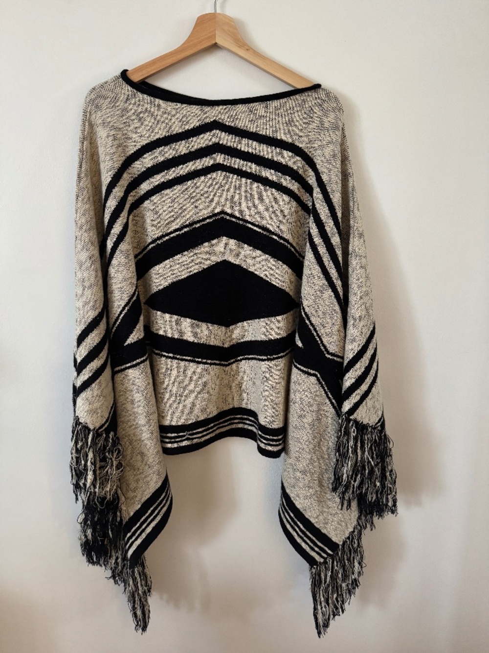 Farm Rio Boho Fringe Knit Poncho Sweater – Neutral Black & Cream